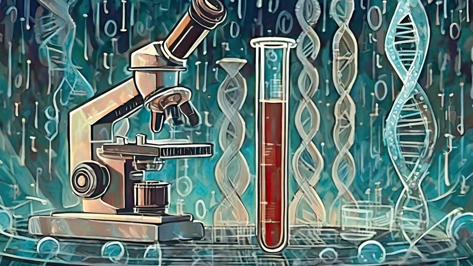 Grünliche Grafik, die das Thema "KI in Biologie und Medizin" visualisiert. Sie zeigt ein Mikroskop, ein gefülltes Reagenzglas und im Hintergrund DNA-Stränge sowie Binärcodes mit Einsen und Nullen